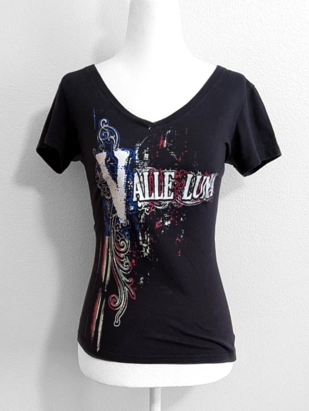 2000s Grunge Black Valle Luna Y2K Americana Graphic Baby Tee | Size S